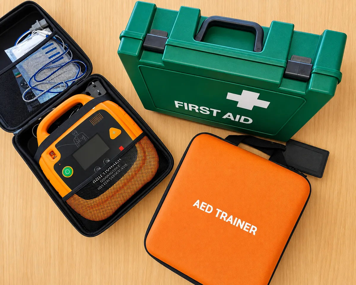 A first aid kit with an AED trainer